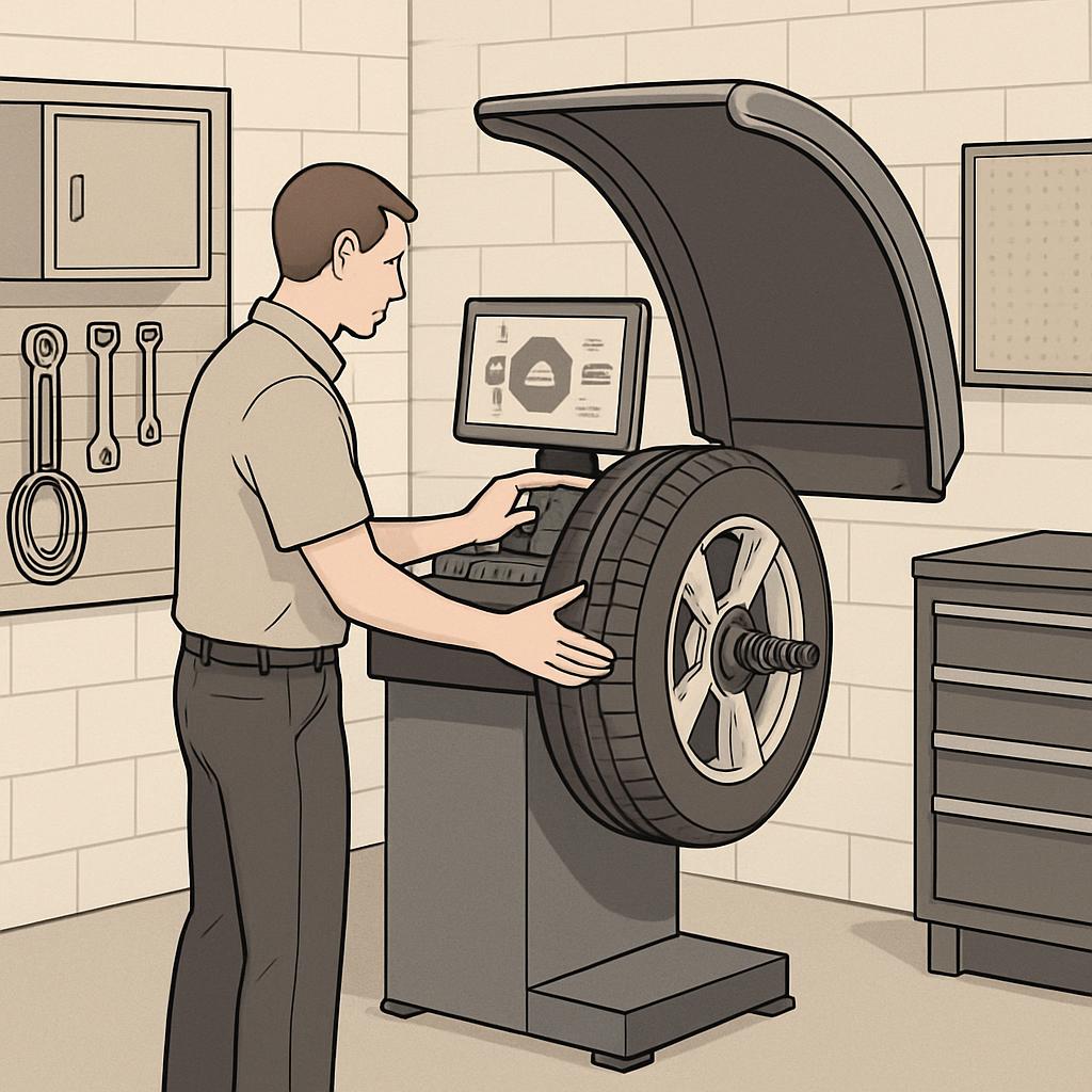 Un mécanicien utilise un lanceur de pneus pour insérer un pneu. Temperature:24°C.