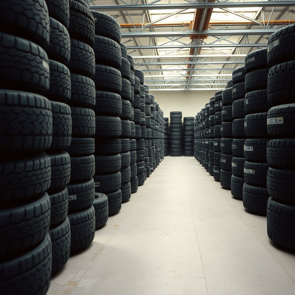 Un stockage de pneus pour voitures dans un entrepôt.