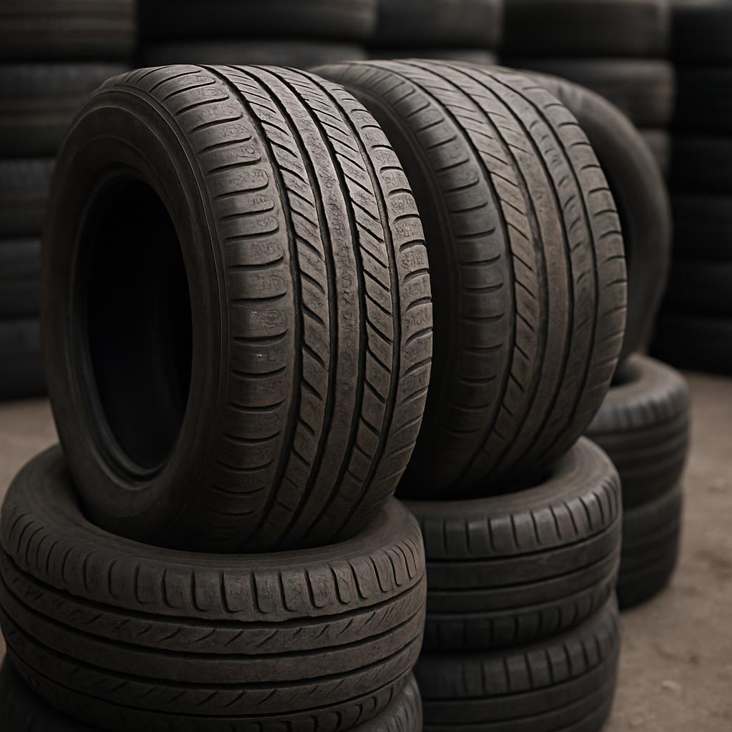 Les réservoirs de pneus sont alignés et empilés.